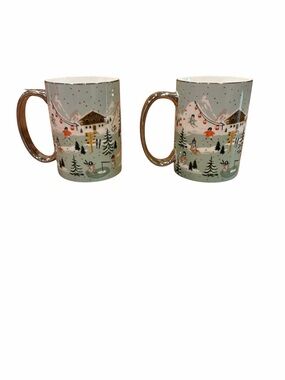 2 Rifle Paper Co. Penguin Village Porcelain Mugs Winter Scene Penguin Skiing